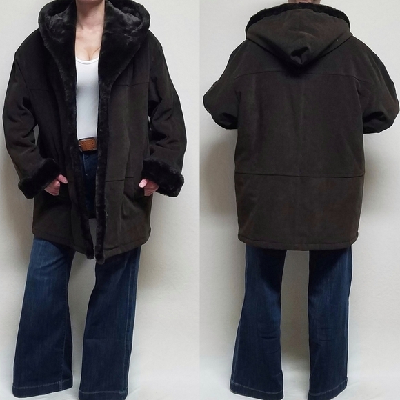VINTAGE Talbots Brown Faux Shearling Button Up Quilted Insulated Hooded Jacket